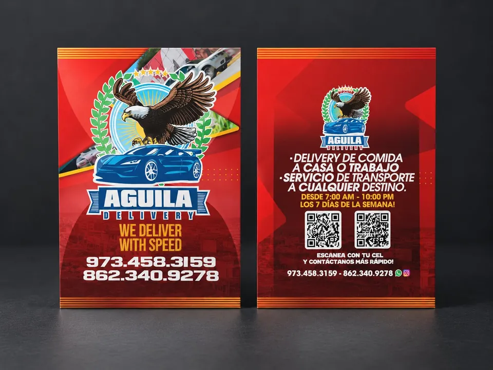Frente y reverso de las tarjetas promocionales de Aguila Delivery.
