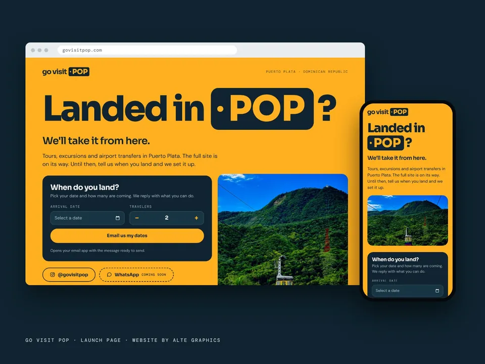Página de Go Visit POP para tours y traslados, en computadora y teléfono.