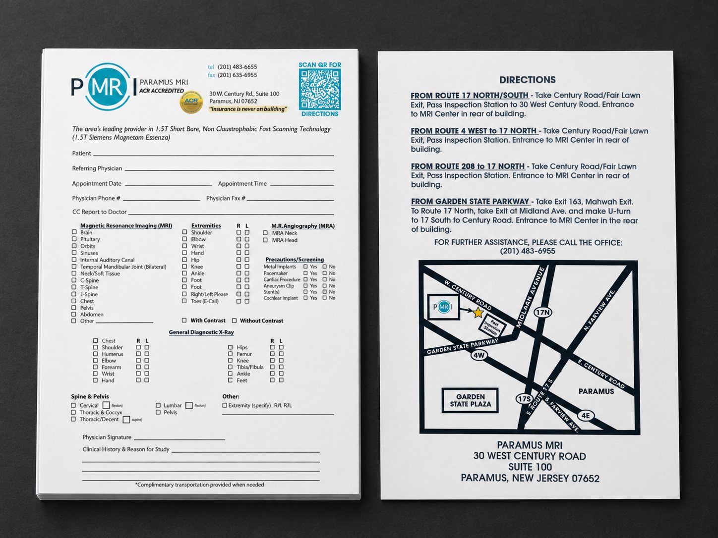 Paramus MRI two-sided Rx pad with an exam checklist and a directions map