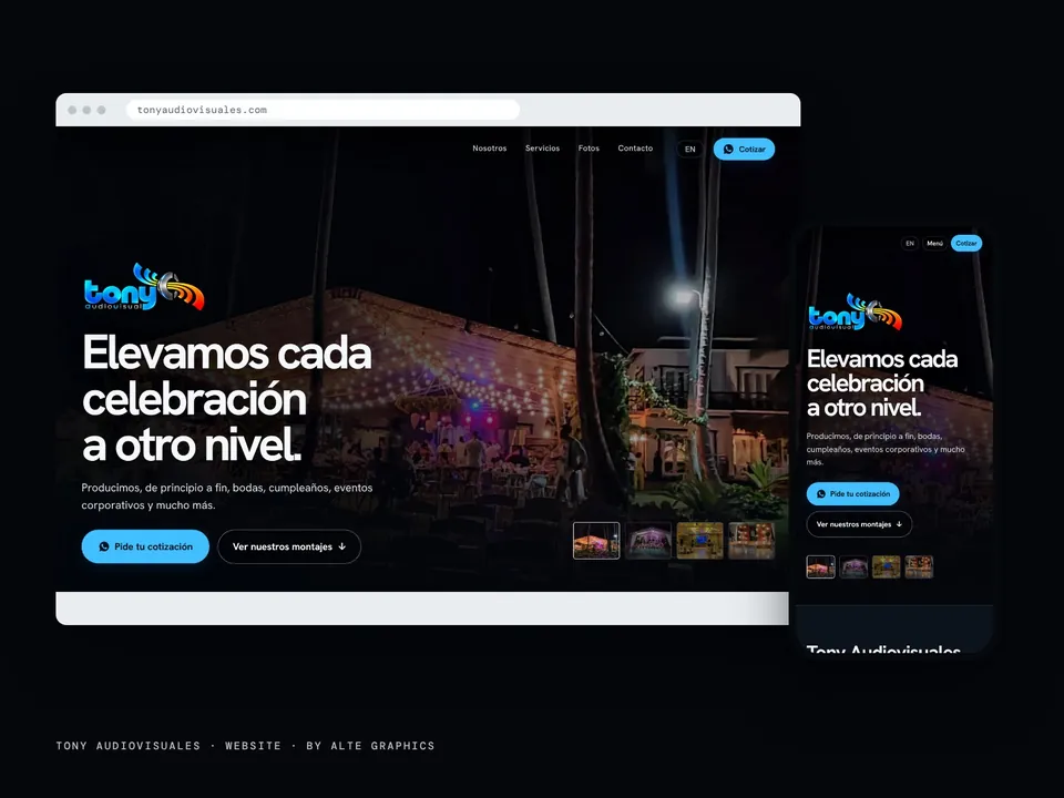 Presentación del sitio de Tony Audiovisuales en computadora y teléfono.