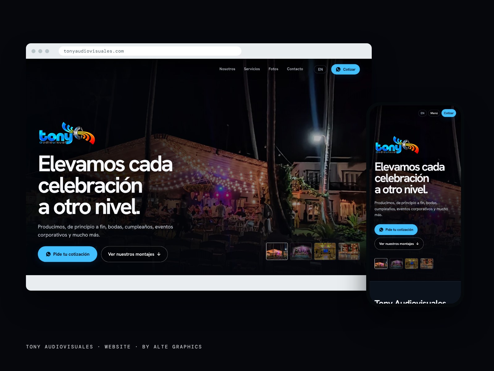 The Tony Audiovisuales website on a laptop and a phone: a night event under lit truss with the headline Elevamos cada celebración a otro nivel.
