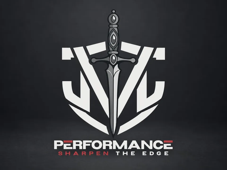 Logo JVC Performance con iniciales, espada central y detalles en rojo oscuro.